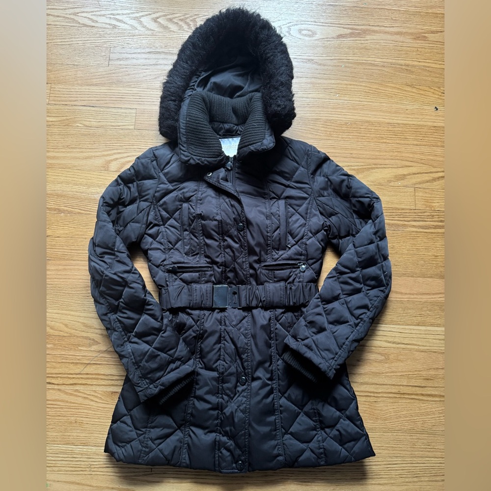 Laundry by Shelli Segal Black Puffer Coat with Fur-Trimmed Hood